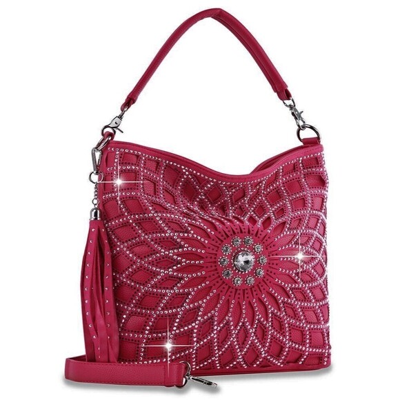 Fuchsia Boho Flower Sunburst Rhinestone Hobo Handbag & Matching Wallet Set - Picture 2 of 11